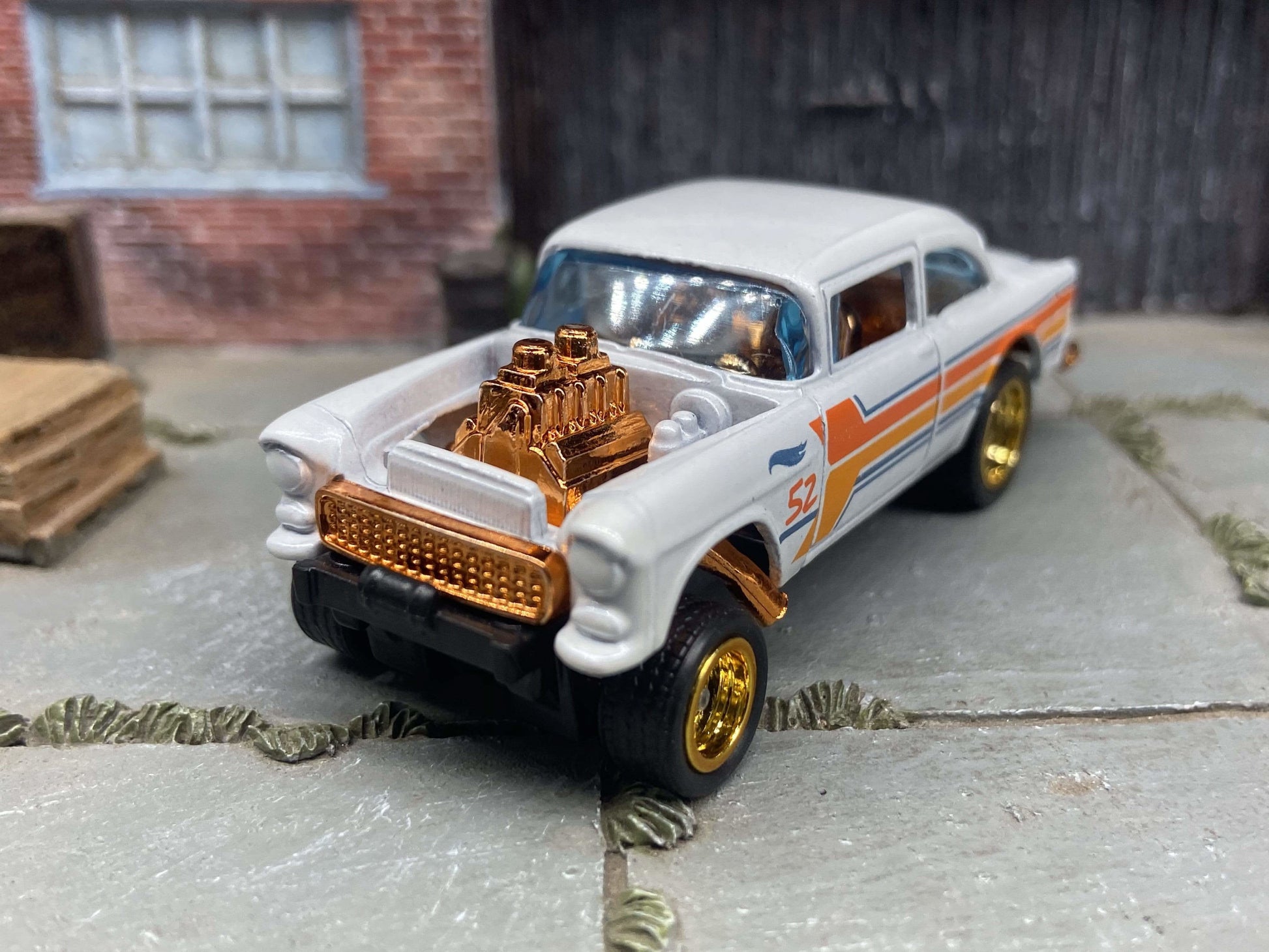 Custom Hot Wheels - 1955 Chevy Gasser - Pearl White and Copper With Gold 5 Spoke Race Wheels - Rubber Tires