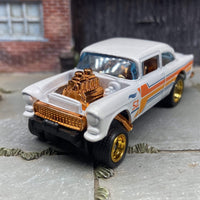 Custom Hot Wheels 1955 Chevy Gasser In Pearl White and Copper With Gold 5 Spoke Race Wheels With Rubber Tires