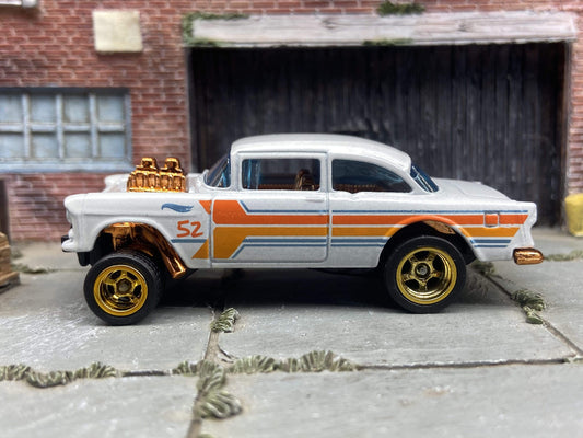 Custom Hot Wheels - 1955 Chevy Gasser - Pearl White and Copper With Gold 5 Spoke Race Wheels - Rubber Tires
