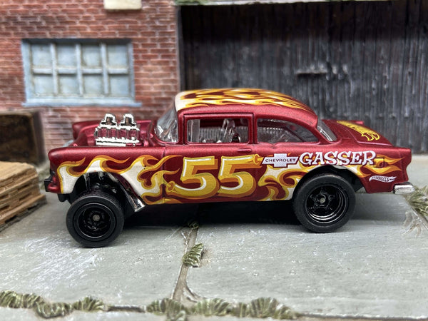 Front three-quarter view of satin-red 1955 Chevy Gasser custom Hot Wheels