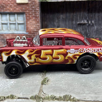 Custom Hot Wheels 1955 Chevy Gasser In Satin Red With Black 5 Spoke Race Wheels With Rubber Tires