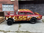 Custom Hot Wheels 1955 Chevy Gasser In Satin Red With Black 5 Spoke Race Wheels With Rubber Tires