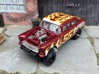 Side view of satin-red 1955 Chevy Gasser custom Hot Wheels with black wheels