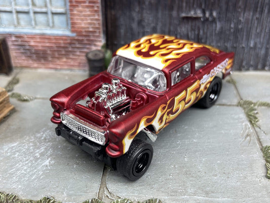Custom Hot Wheels 1955 Chevy Gasser In Satin Red With Black 5 Spoke Race Wheels With Rubber Tires