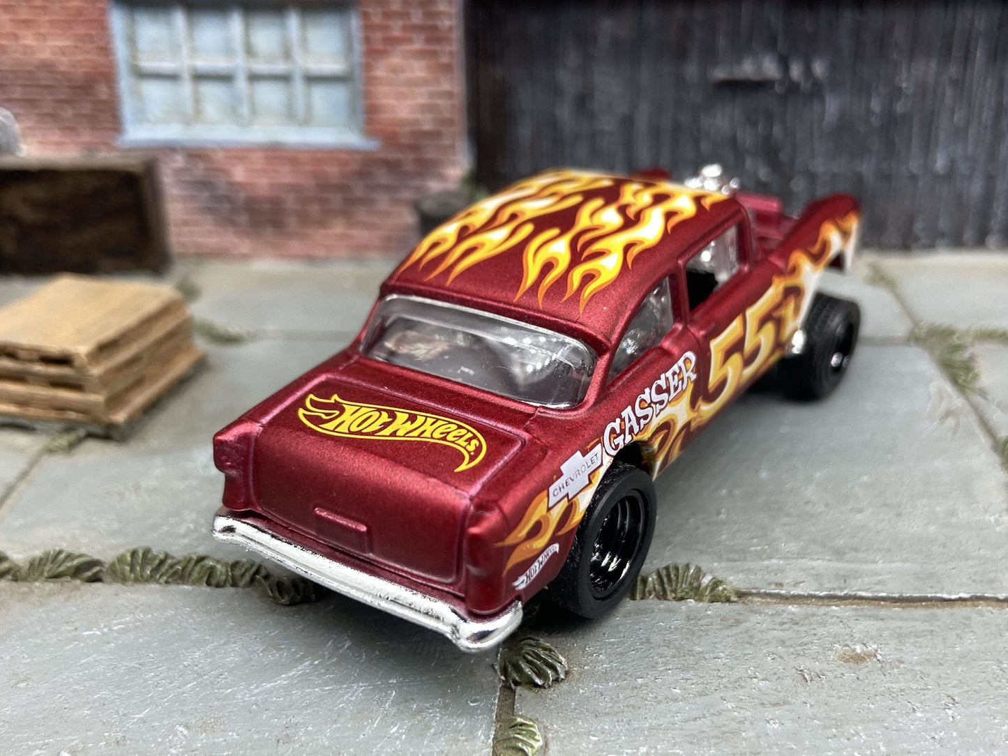 Custom Hot Wheels 1955 Chevy Gasser In Satin Red With Black 5 Spoke Race Wheels With Rubber Tires