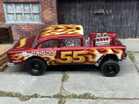 Rear three-quarter view of 1955 Chevy Gasser custom Hot Wheels with rubber tires