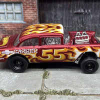Custom Hot Wheels 1955 Chevy Gasser In Satin Red With Black 5 Spoke Race Wheels With Rubber Tires