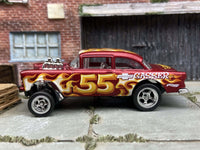 Front three-quarter view of satin-red 1955 Chevy Gasser custom Hot Wheels with chrome wheels