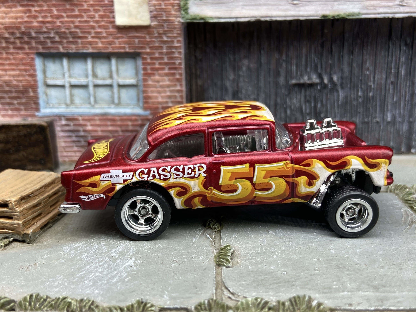 Custom Hot Wheels 1955 Chevy Gasser In Satin Red With Chrome 5 Spoke Race Wheels With Rubber Tires