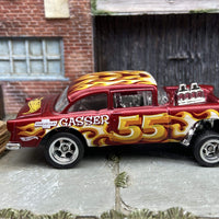Custom Hot Wheels 1955 Chevy Gasser In Satin Red With Chrome 5 Spoke Race Wheels With Rubber Tires
