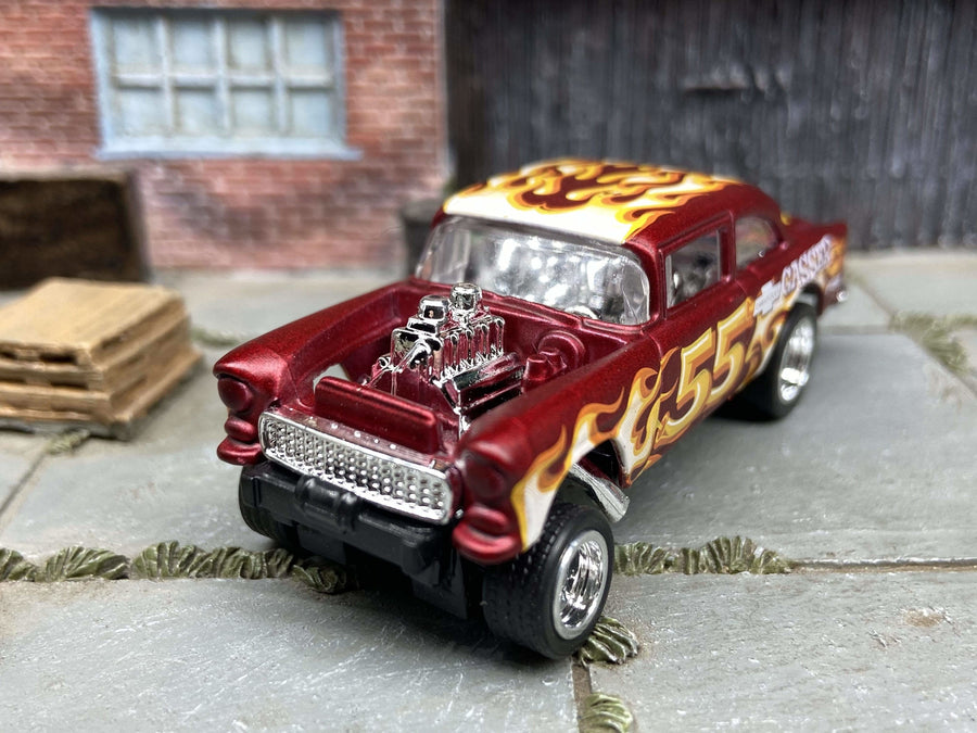 Custom Hot Wheels 1955 Chevy Gasser In Satin Red With Chrome 5 Spoke Race Wheels With Rubber Tires