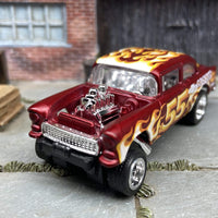 Custom Hot Wheels 1955 Chevy Gasser In Satin Red With Chrome 5 Spoke Race Wheels With Rubber Tires