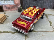Custom Hot Wheels 1955 Chevy Gasser In Satin Red With Chrome 5 Spoke Race Wheels With Rubber Tires