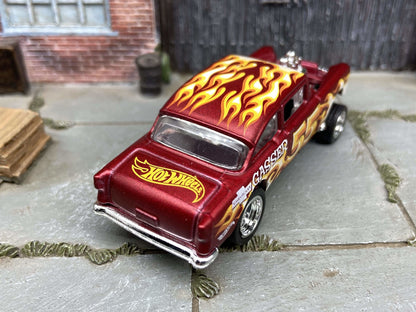 Custom Hot Wheels 1955 Chevy Gasser In Satin Red With Chrome 5 Spoke Race Wheels With Rubber Tires