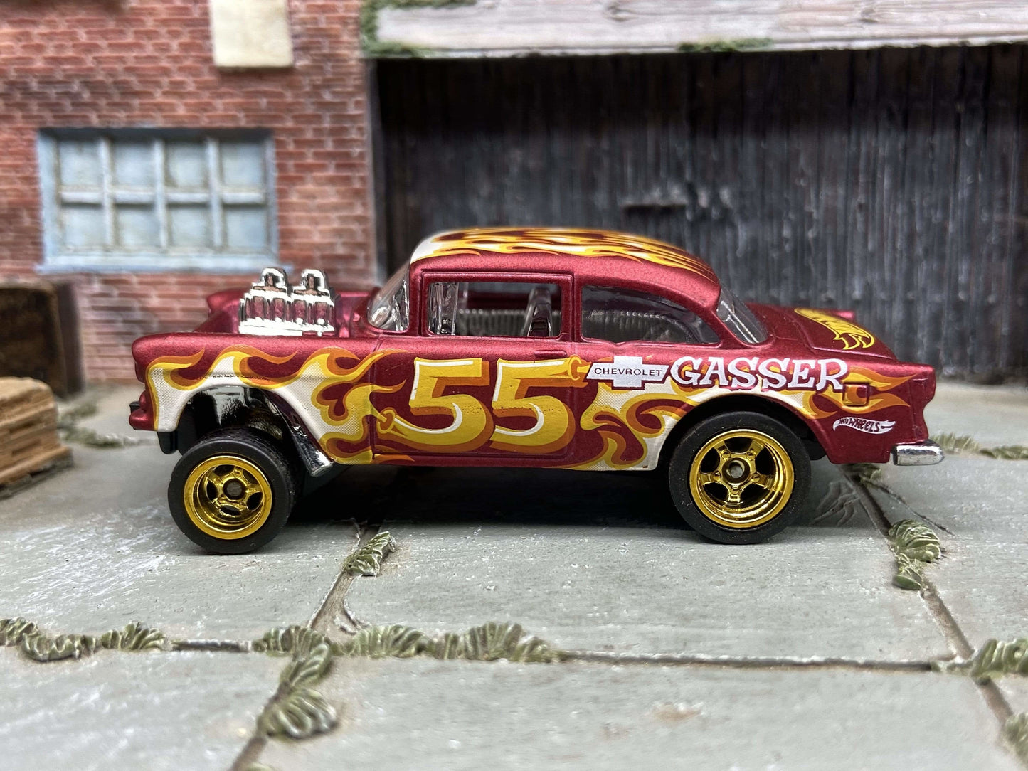 Custom Hot Wheels - 1955 Chevy Gasser - Satin Red - Gold 5 Spoke Race Wheels - Rubber Tires