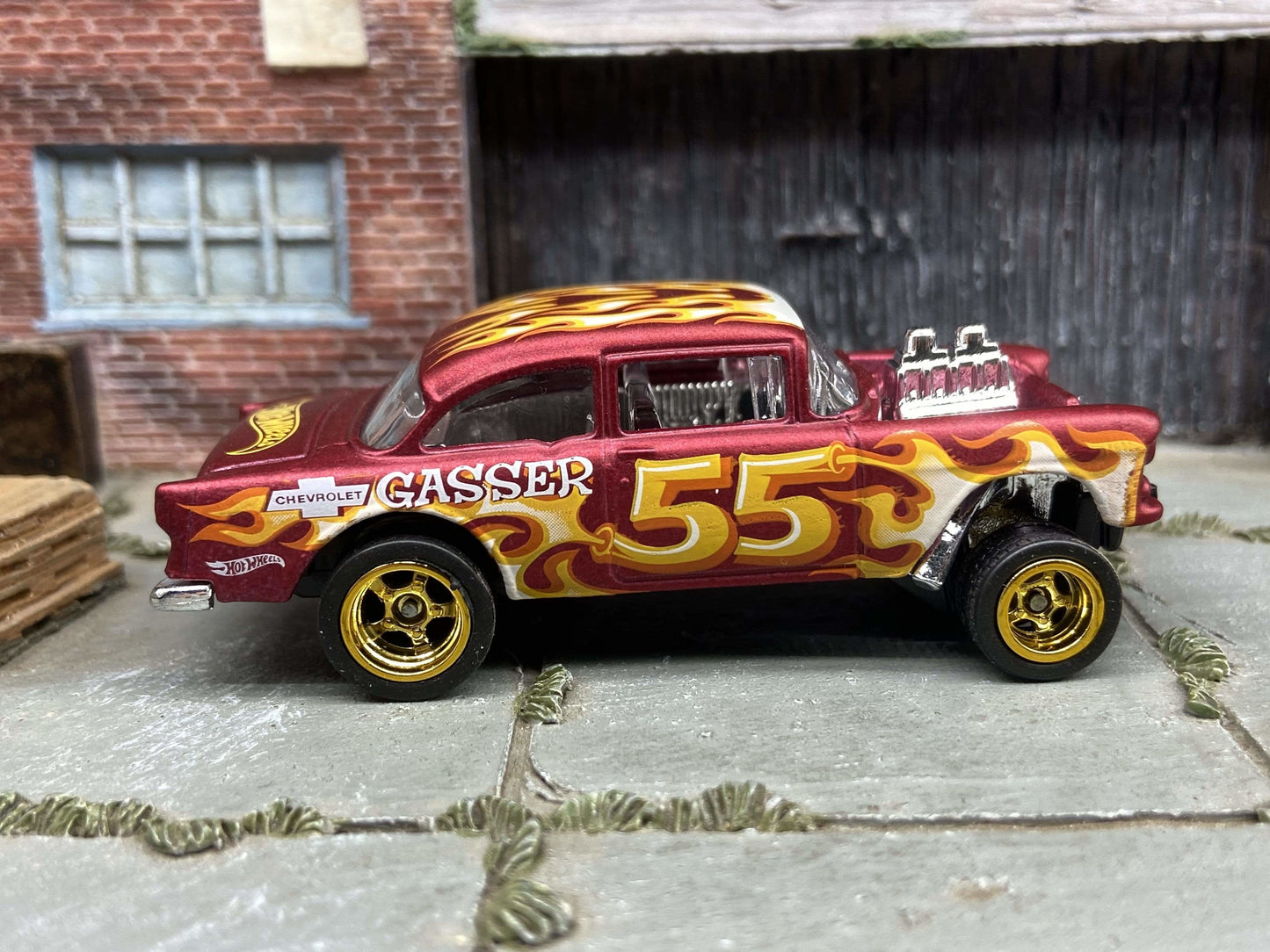 Custom Hot Wheels - 1955 Chevy Gasser - Satin Red - Gold 5 Spoke Race Wheels - Rubber Tires