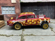 Custom Hot Wheels - 1955 Chevy Gasser - Satin Red - Gold 5 Spoke Race Wheels - Rubber Tires