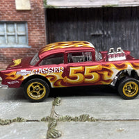 Custom Hot Wheels 1955 Chevy Gasser In Satin Red With Gold 5 Spoke Race Wheels With Rubber Tires