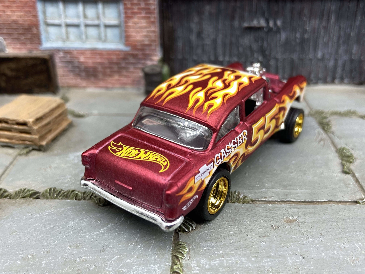 Custom Hot Wheels - 1955 Chevy Gasser - Satin Red - Gold 5 Spoke Race Wheels - Rubber Tires