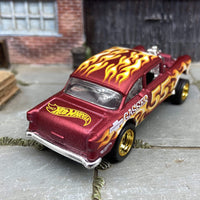 Custom Hot Wheels 1955 Chevy Gasser In Satin Red With Gold 5 Spoke Race Wheels With Rubber Tires