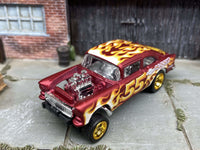 Side view of satin-red 1955 Chevy Gasser custom Hot Wheels with gold race wheels