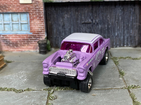 Custom Hot Wheels - 1955 Chevy Gasser - Purple and White Triassic-Five - Chrome Steel Racing Wheels - Rubber Tires