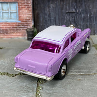 Custom Hot Wheels - 1955 Chevy Gasser - Purple and White Triassic-Five - Chrome Steel Racing Wheels - Rubber Tires