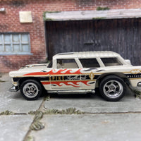 Custom Hot Wheels 1955 Chevy Nomad Station Wagon In Spikes Surfboards White With Flames With Chrome 5 Spoke Deep Dish Wheels With Rubber Tires