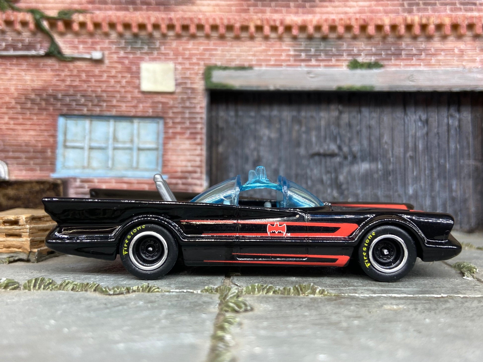 Custom Hot Wheels - 1960's Batman Batmobile TV Series Car - Black and Red - Black Racing Wheels -Firestone Rubber Tires