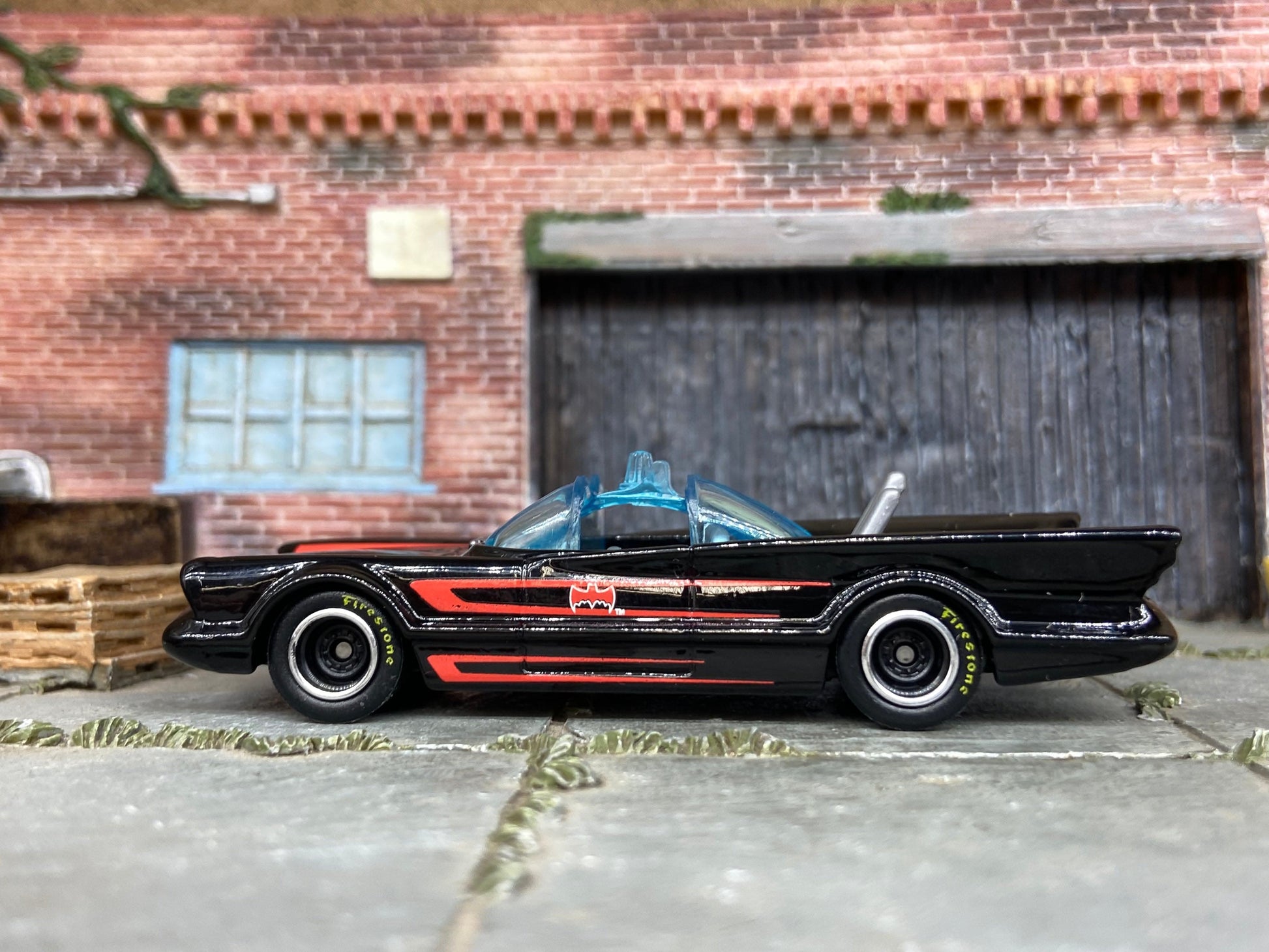 Custom Hot Wheels - 1960's Batman Batmobile TV Series Car - Black and Red - Black Racing Wheels -Firestone Rubber Tires