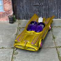 Custom Hot Wheels - 1960's TV Series Batmobile - Gold and Purple - Pink and Chrome Wheels - Rubber Tires