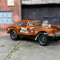 Custom Hot Wheels - 1962 Chevy Corvette Gasser- Golden Brown and Black Mad Mouse - Gray Mag Wheels - Goodyear Slick Rubber Tires