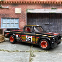 Custom Hot Wheels -1963 Studebaker Champ Race Truck - Black, Red and Gold Checkered - Red and Chrome Race Wheels - Race Tires