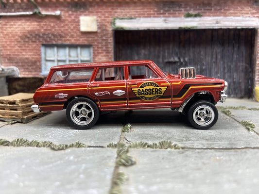 Custom Hot Wheels - 1964 Chevy Nova Station Wagon Gasser Drag Car - Burgundy - Chrome 5 Spoke Deep Dish Wheels - Rubber Tires