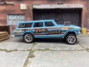 Custom Hot Wheels 1964 Chevy Nova Station Wagon Gasser Drag Car In Blue With 5 Spoke Deep Dish Race Wheels With Rubber Tires