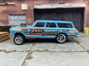 Custom Hot Wheels 1964 Chevy Nova Station Wagon Gasser Drag Car In Blue With 5 Spoke Deep Dish Race Wheels With Rubber Tires