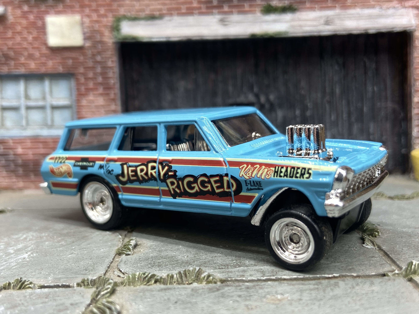 Custom Hot Wheels 1964 Chevy Nova Station Wagon Gasser Drag Car In Blue With Chrome Steel Wheels With Rubber Tires