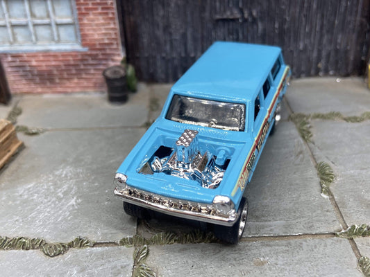 Custom Hot Wheels 1964 Chevy Nova Station Wagon Gasser Drag Car In Blue With Chrome Steel Wheels With Rubber Tires