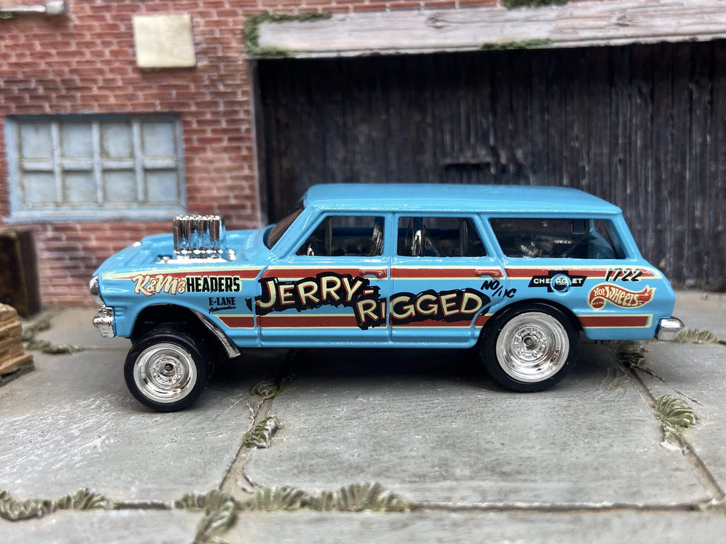 Custom Hot Wheels 1964 Chevy Nova Station Wagon Gasser Drag Car In Blue With Chrome Steel Wheels With Rubber Tires