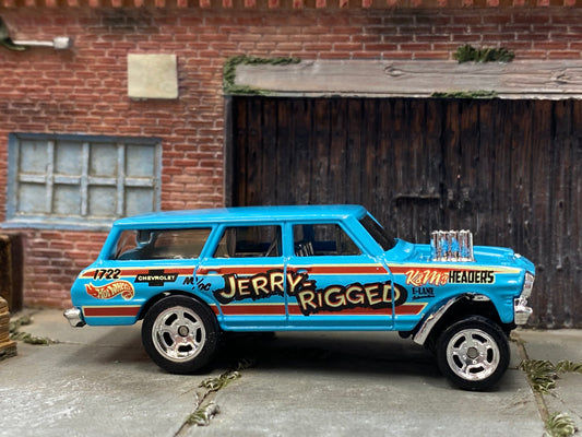 Custom Hot Wheels - 1964 Chevy Nova Station Wagon Gasser - Light Blue Jerry Rigged - Weld Mag Wheels Front Skinnys  - Rubber Tires