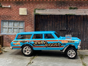 Custom Hot Wheels - 1964 Chevy Nova Station Wagon Gasser - Light Blue Jerry Rigged - Weld Mag Wheels Front Skinnys  - Rubber Tires