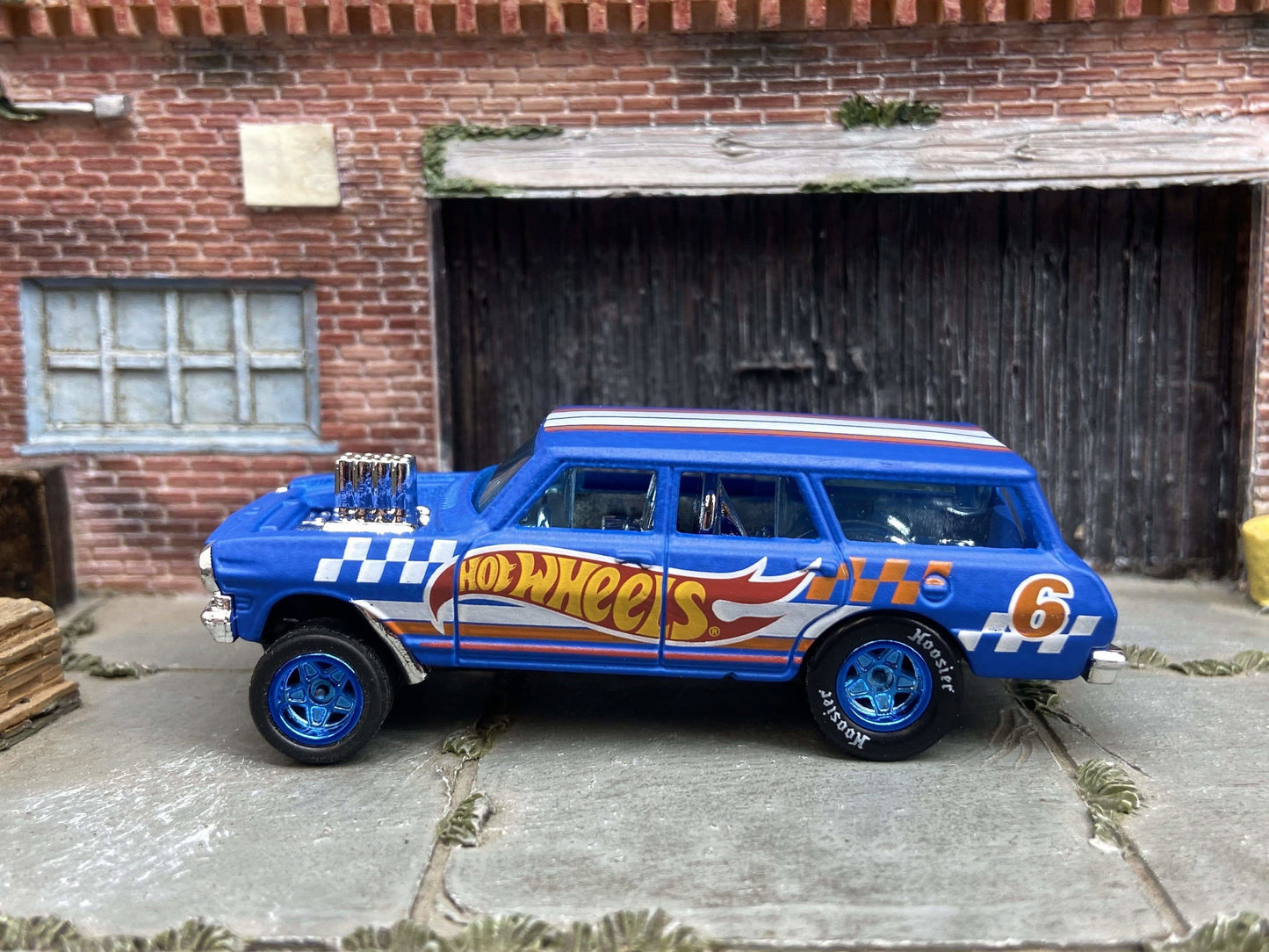 Custom Hot Wheels 1964 Chevy Nova Wagon Gasser In Hot Wheels Blue Livery With Blue 5 Star Wheels With Hoosier Rubber Tires