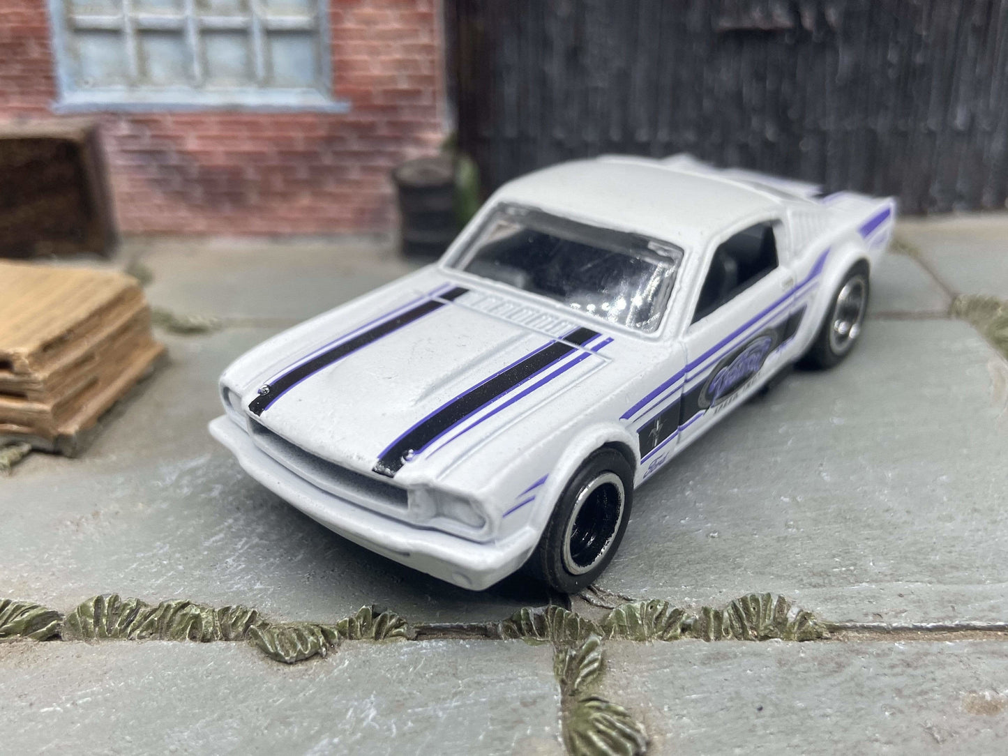 Custom Hot Wheels 1965 Ford Mustang Fastback In Detroit White and Blue With Black and Chrome Deep Dish 5 Spoke Wheels With Rubber Tires