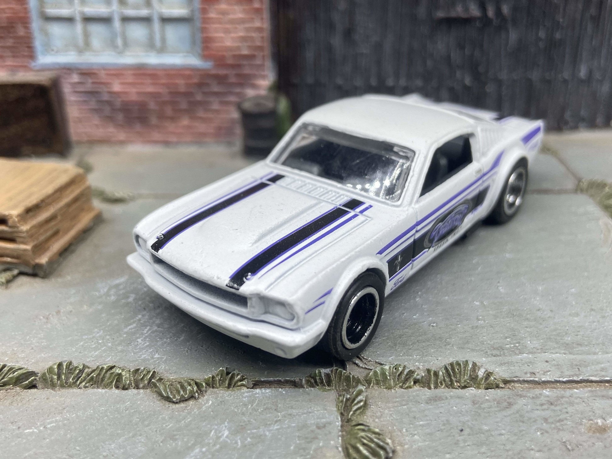 Custom Hot Wheels 1965 Ford Mustang Fastback In Detroit White and Blue With Black and Chrome Deep Dish 5 Spoke Wheels With Rubber Tires