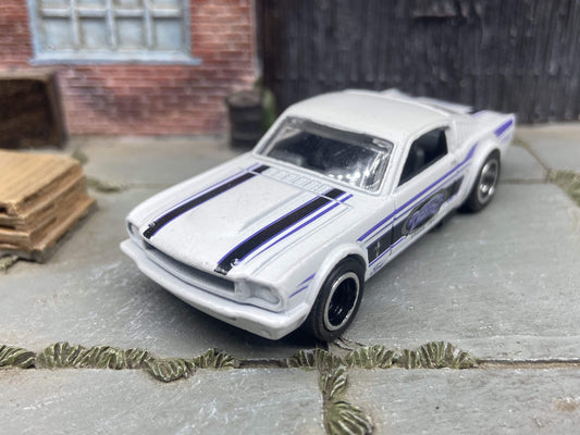 Custom Hot Wheels 1965 Ford Mustang Fastback In Detroit White and Blue With Black and Chrome Deep Dish 5 Spoke Wheels With Rubber Tires