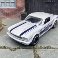Custom Hot Wheels 1965 Ford Mustang Fastback In Detroit White and Blue With Black and Chrome Deep Dish 5 Spoke Wheels With Rubber Tires
