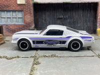 Front three-quarter view of Detroit white-and-blue 1965 Mustang Fastback custom Hot Wheels