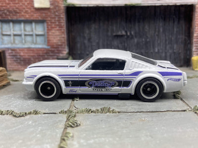 Custom Hot Wheels 1965 Ford Mustang Fastback In Detroit White and Blue With Black and Chrome Deep Dish 5 Spoke Wheels With Rubber Tires