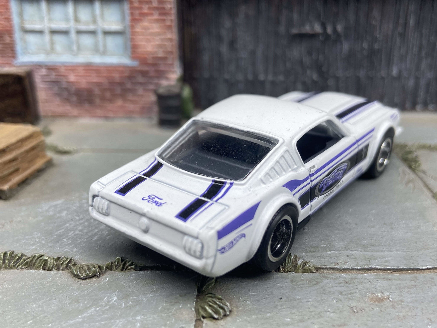 Custom Hot Wheels 1965 Ford Mustang Fastback In Detroit White and Blue With Black and Chrome Deep Dish 5 Spoke Wheels With Rubber Tires