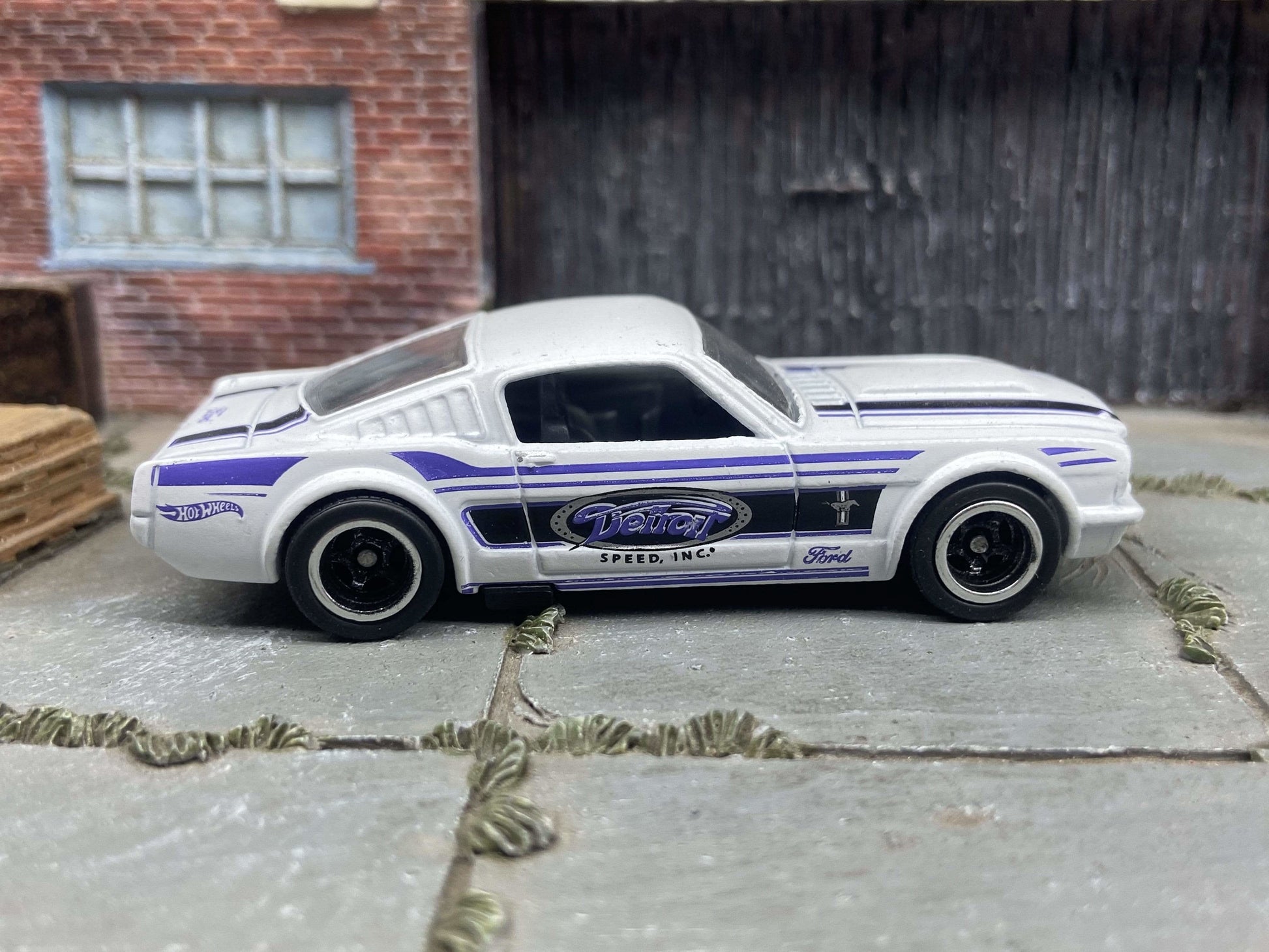 Custom Hot Wheels 1965 Ford Mustang Fastback In Detroit White and Blue With Black and Chrome Deep Dish 5 Spoke Wheels With Rubber Tires